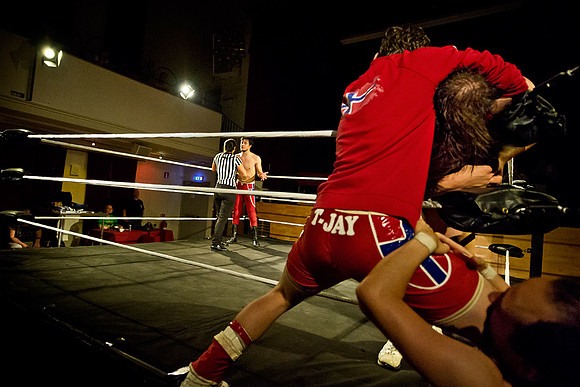 T-Jay attacking Steinbolt while his partner Espen Olsen distracts the referee
